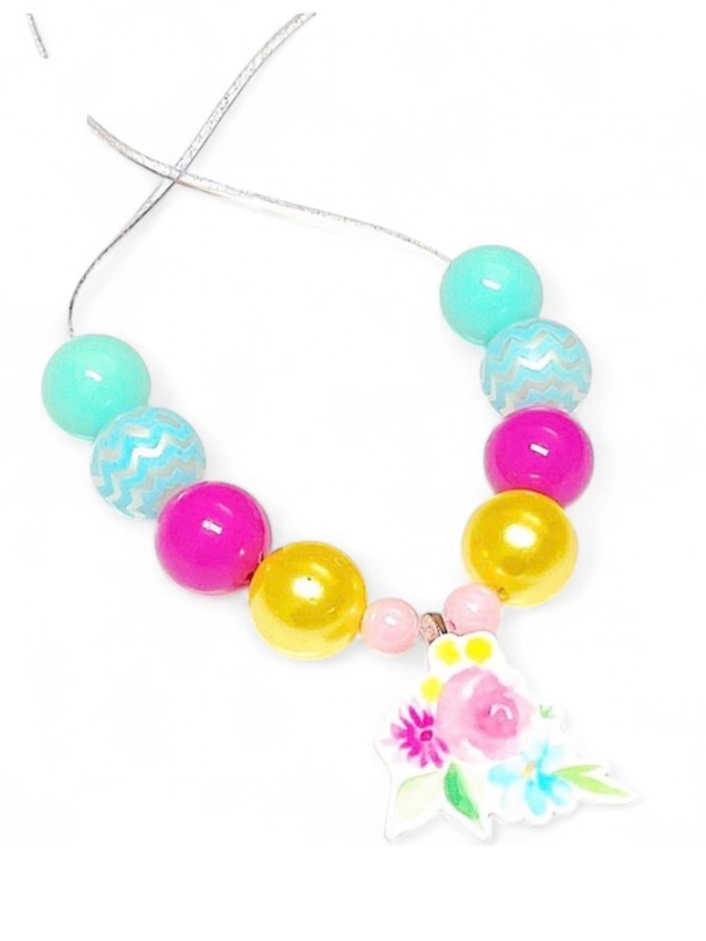 Handmade Flower Bouquet Necklace Bubblegum Bead Adjustable Spring Summer Jewelry